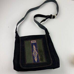 Black and Green Suede Shoulder Bag with Geometric Design